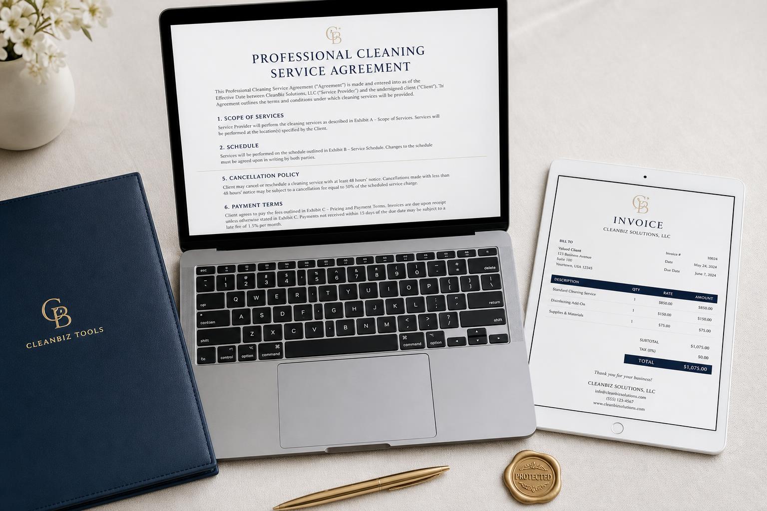 Contrato profissional, invoice e pasta executiva CLEANBIZ TOOLS